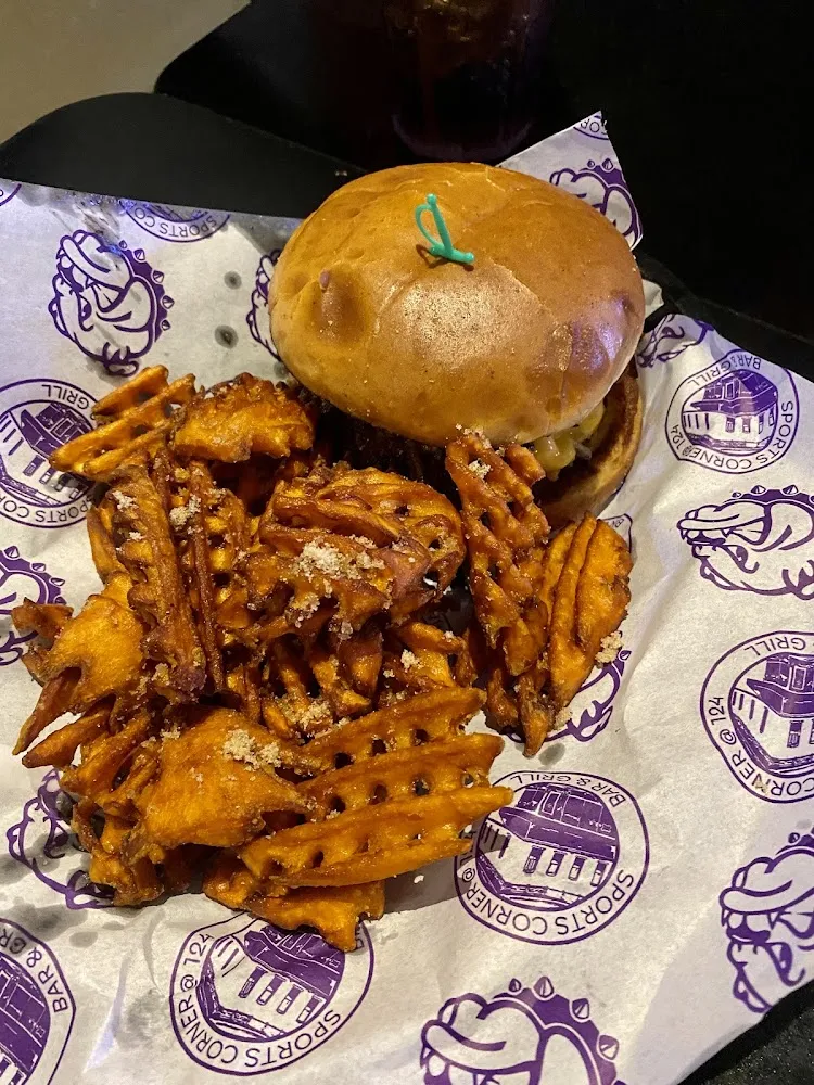 Black and Blue Burger with Sweet Potato Fries